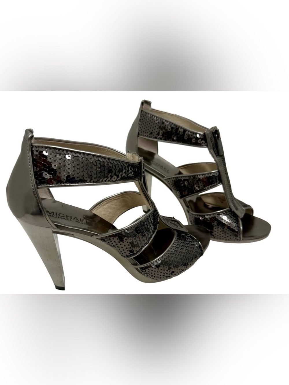 Michael Kors Gunmetal Sequin Berkley Zip Front Sandals 8M )fits like 7.5)